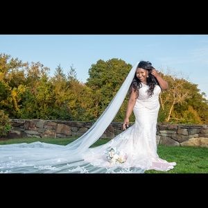 Long ivory lace over blush satin wedding dress 🥂